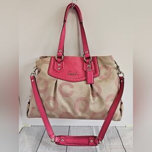 Coach Beige Signature Circle Tote with Pink Leather Trim